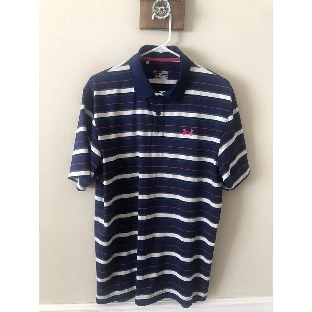 Under Armour Mens Size Medium Blue Red White Stripe Polo Shirt Loose Fit
